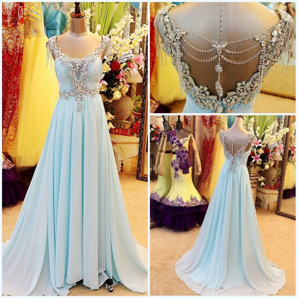 Real Image 2016 Luxurious Light Sky Blue V Neck Floor Length Open Back Beading Crystal Evening Dresses Prom Dresses Custom Made
Real Image 2016 Luxurious Light Sky Blue V Neck Floor Length Open Back Beading Crystal Evening Dresses Prom Dresses Custom Made