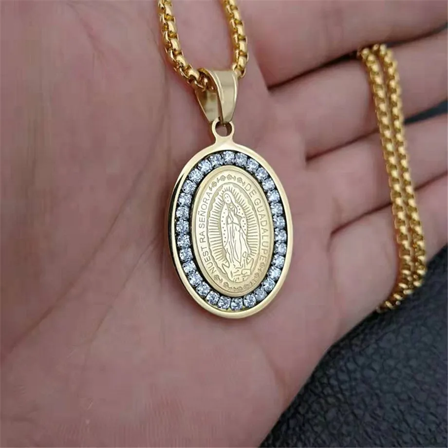 

Religious Gold Color Iced Out Bling Virgin Mary Pendant Necklace Christian Jewelry For Women Stainless Steel Chain Drop Shipping