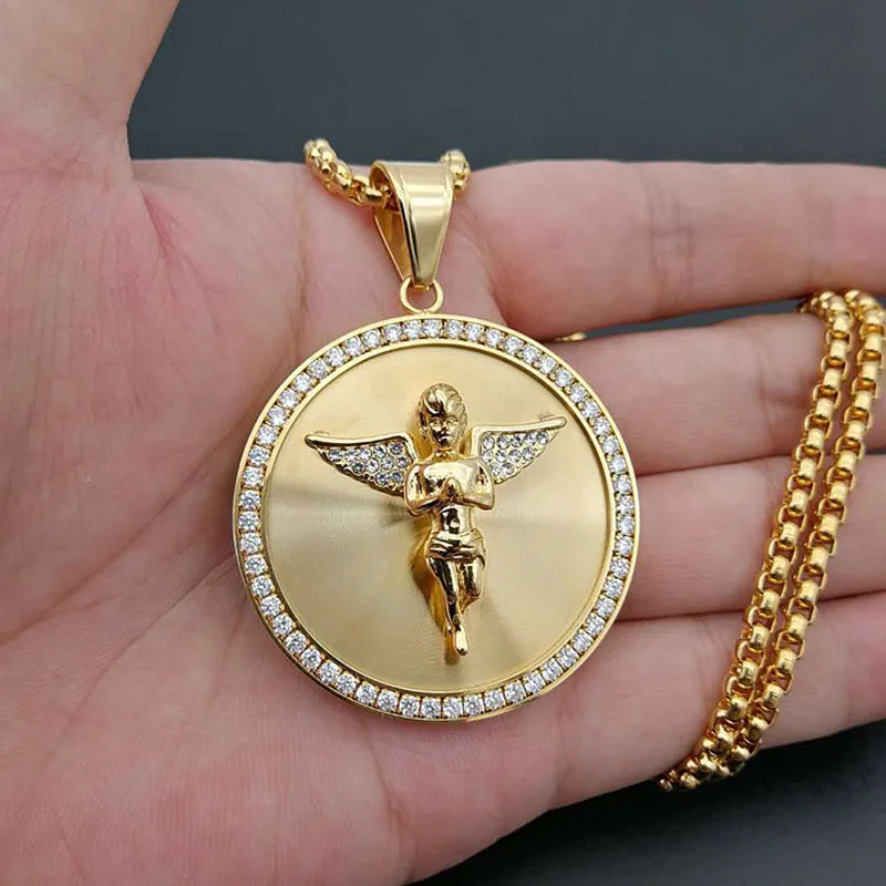 Hip Hop CZ Stone Paved Gold Color 316L Stainless Steel Angel Round Pendants Necklaces for Men Jewelry
Hip Hop CZ Stone Paved Gold Color 316L Stainless Steel Angel Round Pendants Necklaces for Men Jewelry