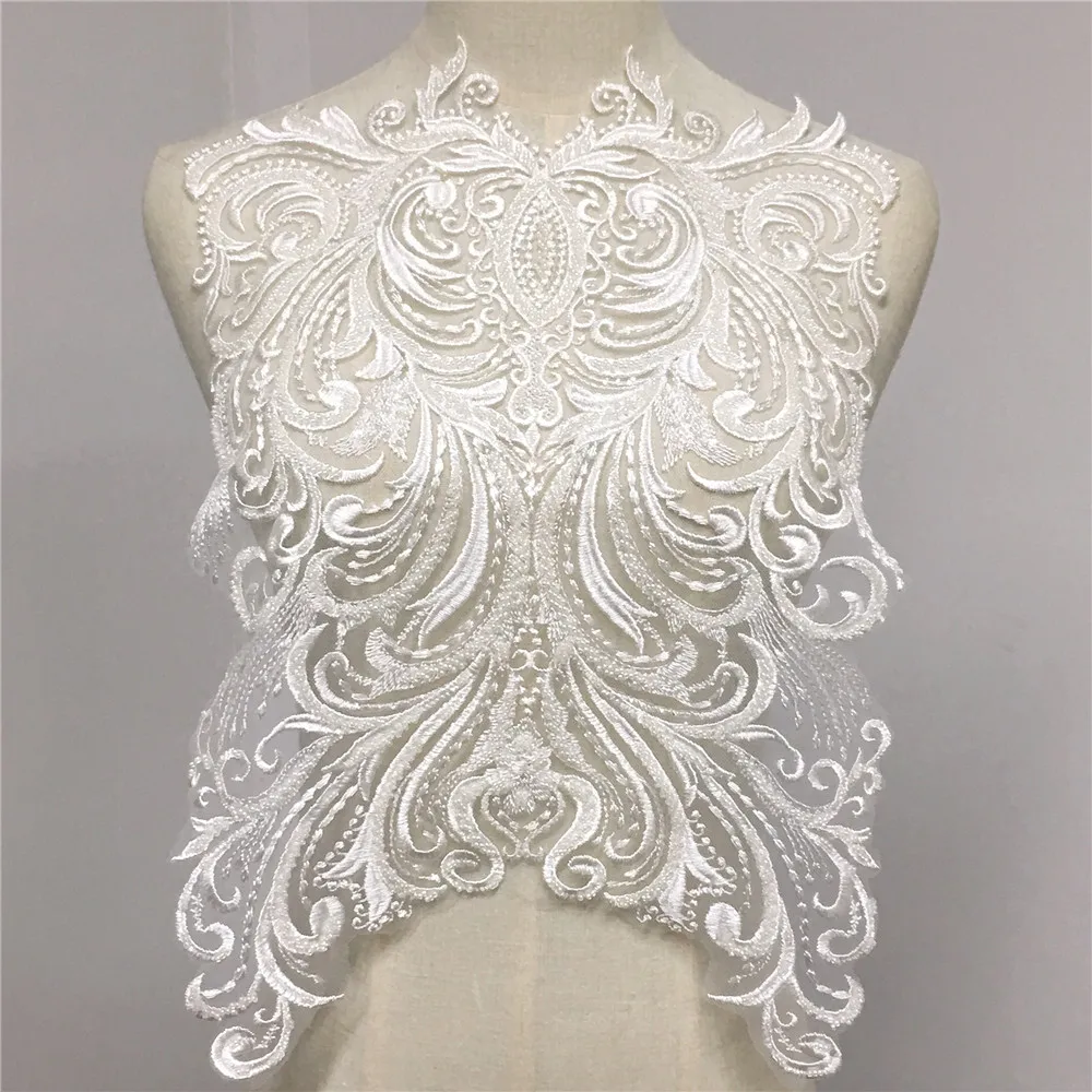 

1 Piece 45*31cm Ivory Large Pearl Beaded Lace Applique Embroidery Flower Mesh Sewing Wedding Dress Lace Fabric