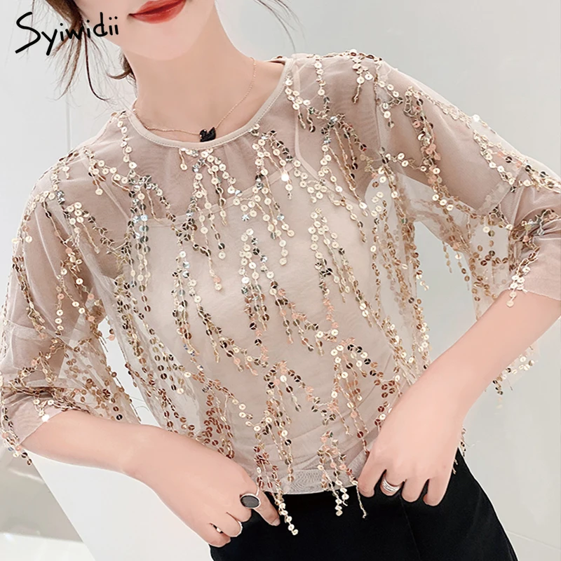 Sexy Mesh Blouses Sequin Tops 2pcs Plus Size Women O Neck Flare Sleeve Elegant Beige Vintage Party Korean Shirts 2019 Summer
Sexy Mesh Blouses Sequin Tops 2pcs Plus Size Women O Neck Flare Sleeve Elegant Beige Vintage Party Korean Shirts 2019 Summer