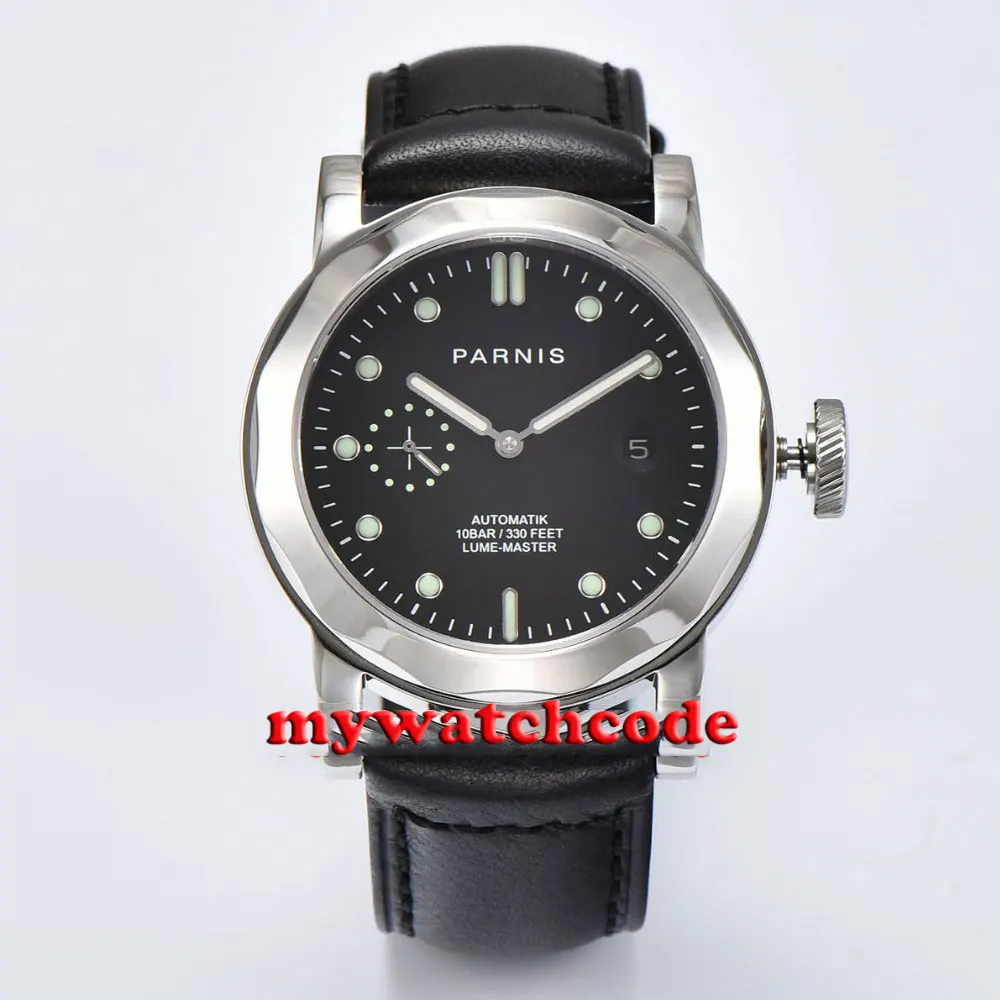 Polished 44mm Parnis black dial leather strap Sapphire glass date window sea-gull Automatic Mens Watch P706
Polished 44mm Parnis black dial leather strap Sapphire glass date window sea-gull Automatic Mens Watch P706