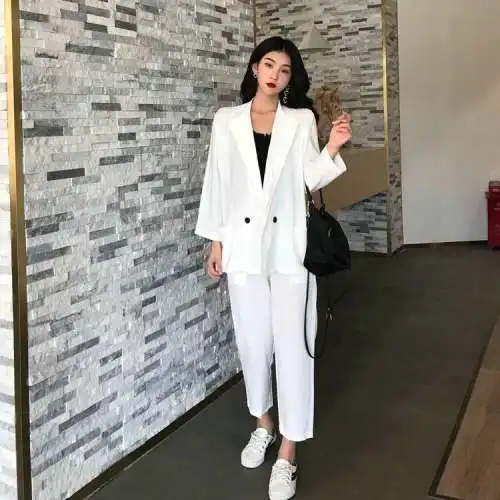 Spring New Style Two Piece Set Turn-down Collar Double Breasted Suit Ankle-length Pants Casual 2 Piece Set Women
Spring New Style Two Piece Set Turn-down Collar Double Breasted Suit Ankle-length Pants Casual 2 Piece Set Women