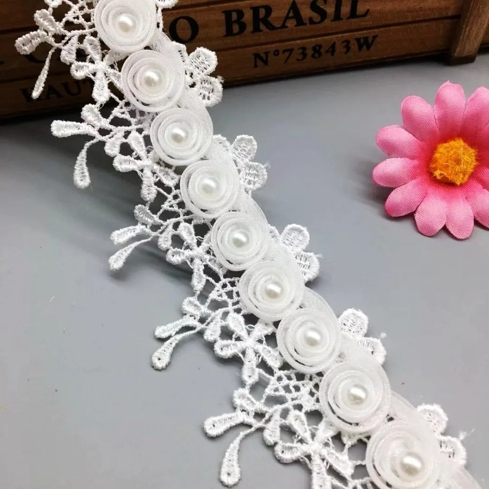 1Yard Vitage Lace Ribborn DIY Headbands Wedding Dress Applique Faux Pearl Decor