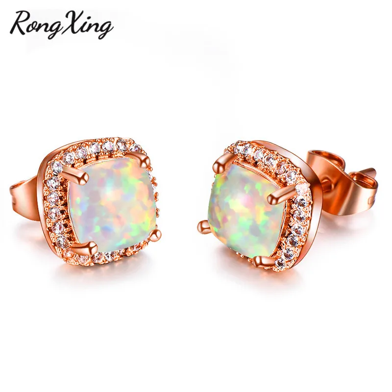 

RongXing Rose Gold Filled White Fire Opal Birthstone Square Stud Earrings For Women Zircon Wedding Fashion Jewelry Gifts Ear0663