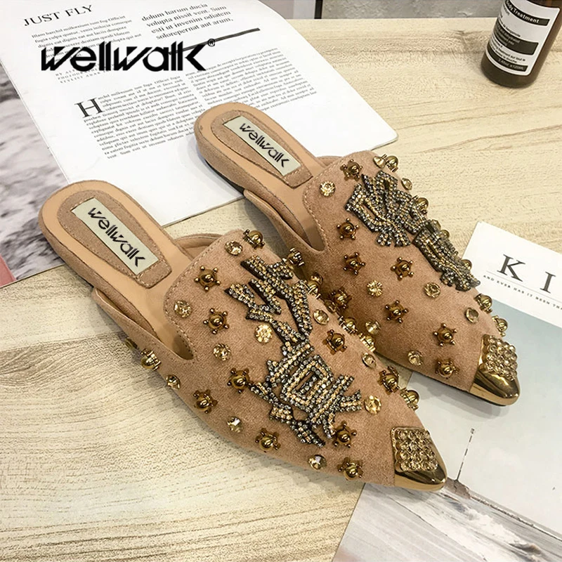Wellwalk Women Mules Shoes Ladies Luxury Slippers Flat Pointed Toe Chinese Words Crystal Metal Decoration Female Slip On Loafers
Wellwalk Women Mules Shoes Ladies Luxury Slippers Flat Pointed Toe Chinese Words Crystal Metal Decoration Female Slip On Loafers