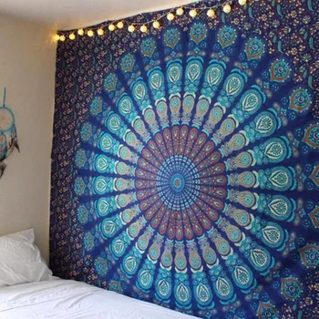 

Polyester Indian Mandala Peacock Feather Tapestry Psychedelic Malachite Green Hippie Wall Hanging Beach towel Bohemian Bedspread