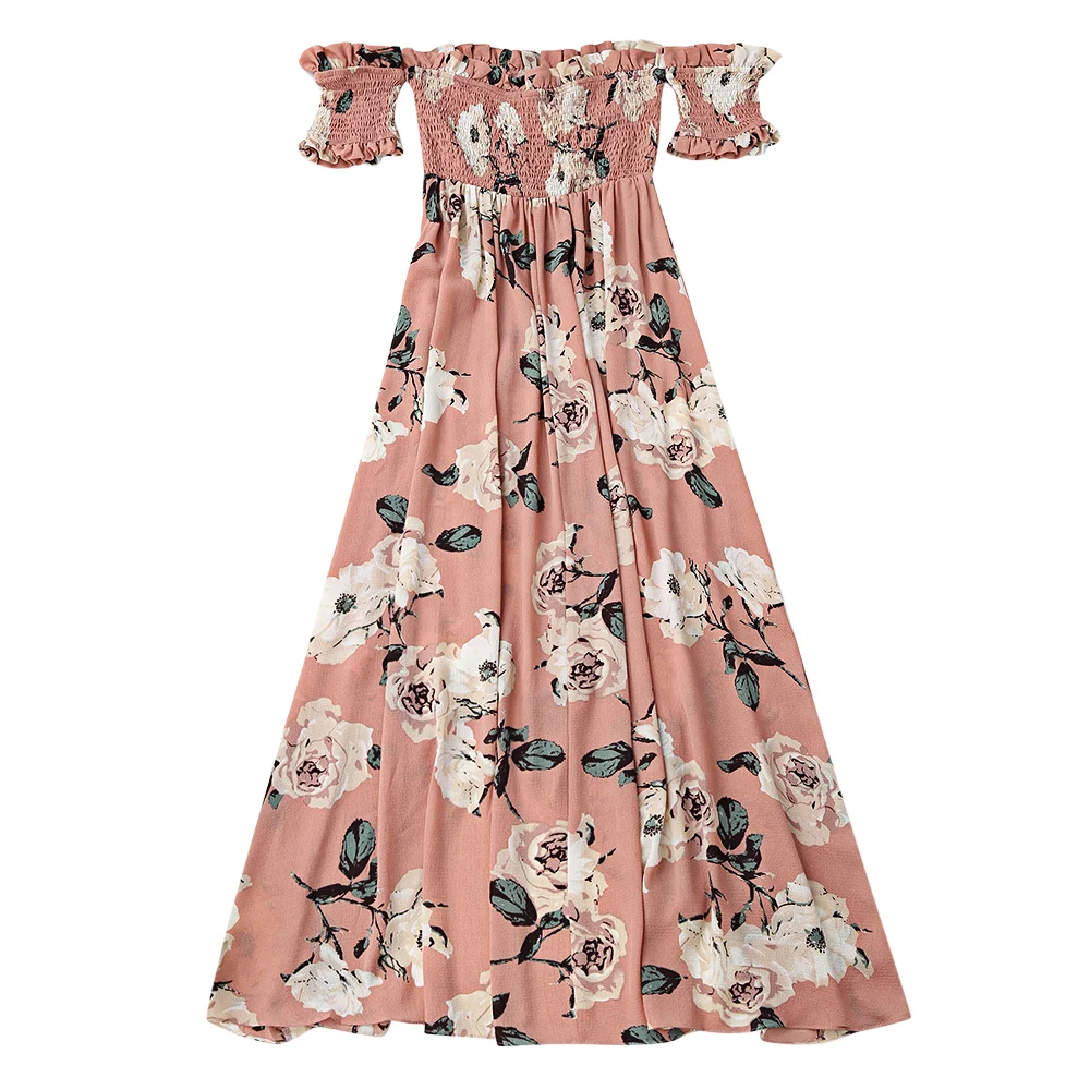 AZULINA Ruffles Off Shoulder Shirred Floral Maxi Dress Boho Tunic Women Short Sleeve Bohemian Long Dress Female 2017 Robe Femme 4