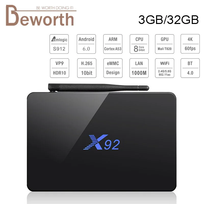 

X92 Amlogic S912 Octa-Core 64-bit Android 6.0 TV BOX 2G 16G 2.4/5.8G Dual Wifi HDMI 4K VP9 H.265 BT4.0 KODI Smart Media Player