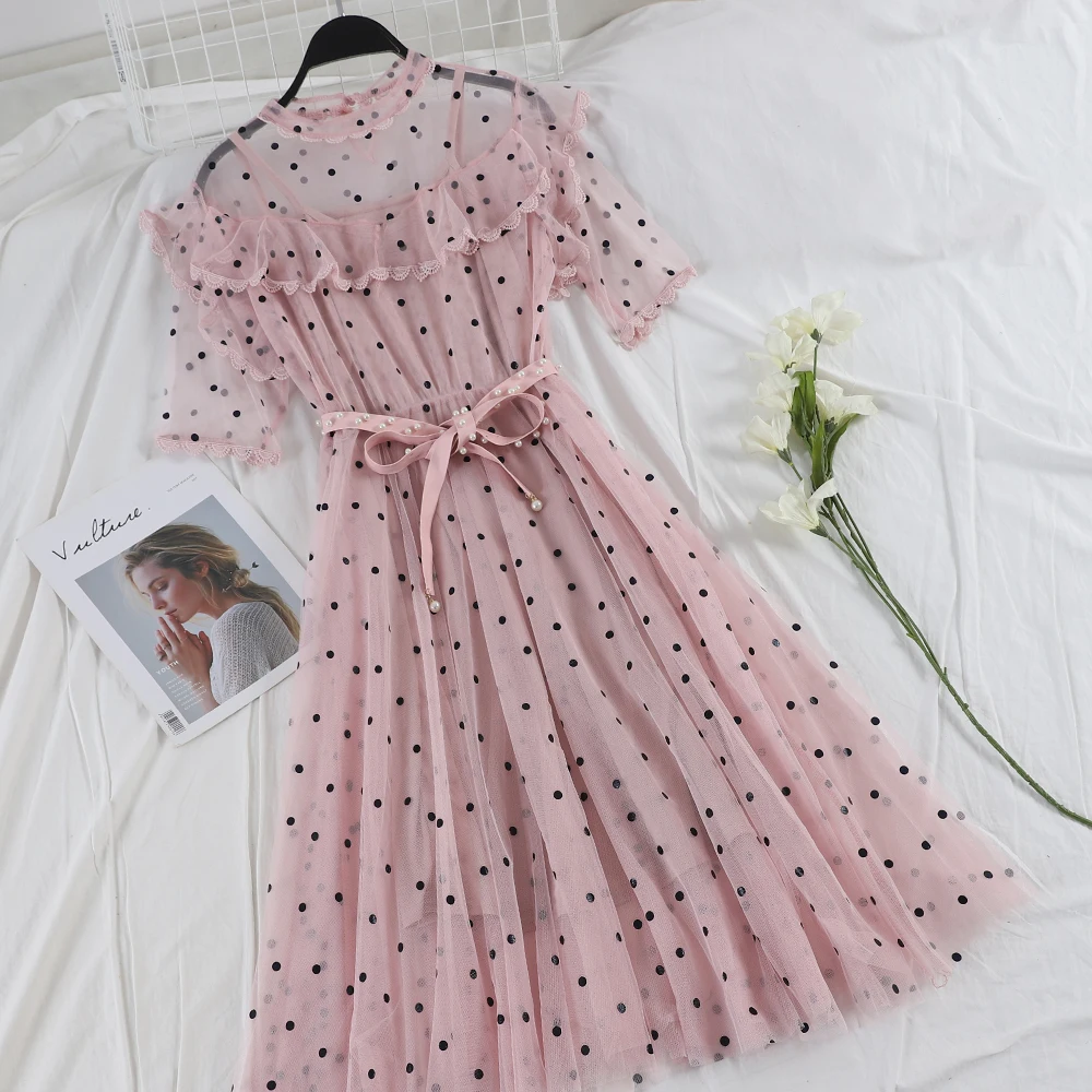 Summer 2019 New Fairy Two-piece Base High Waist Slimming Mesh Lace Woman Short sleeve dot Midi Dresses
Summer 2019 New Fairy Two-piece Base High Waist Slimming Mesh Lace Woman Short sleeve dot Midi Dresses