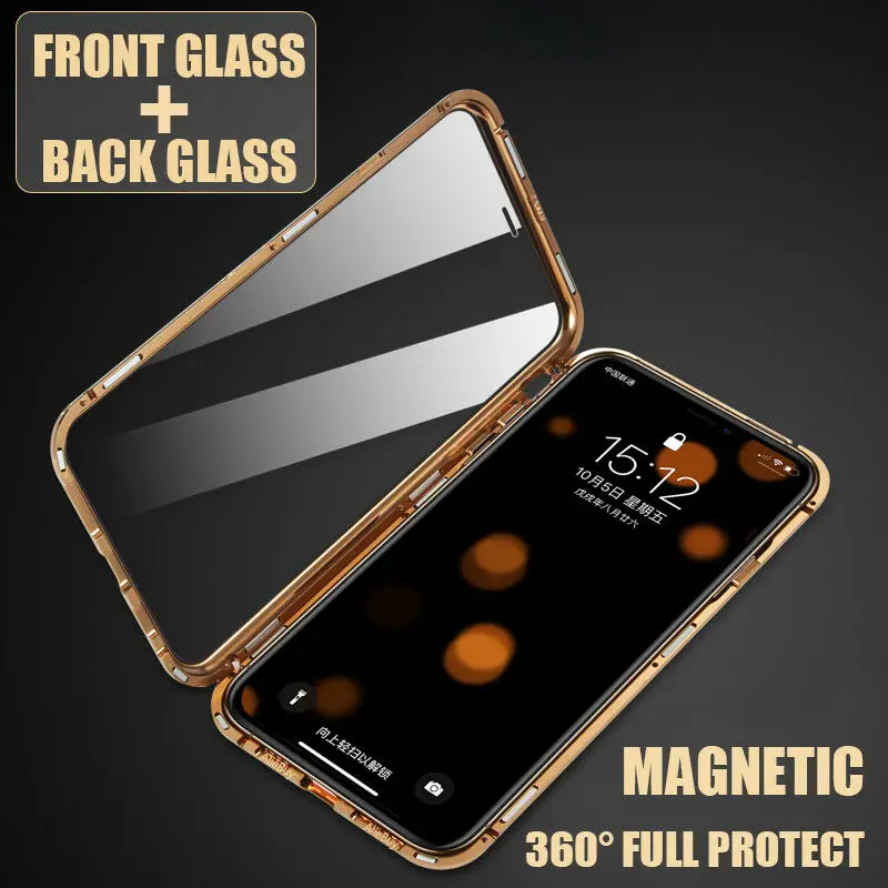 Фото Роскошный двухсторонний стеклянный металлический магнитный чехол для iPhone XR XS MAX X