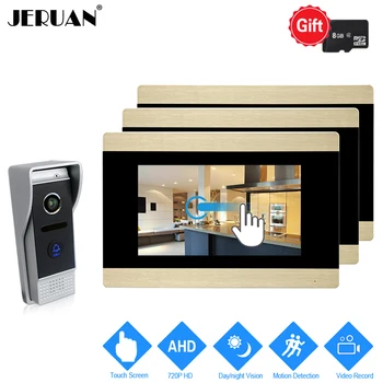 

JERUAN 720P AHD Motion Detection 7 inch Touch Screen Video Door Phone Intercom System 3 Record Monitor +HD 110 degree Camera 1V3