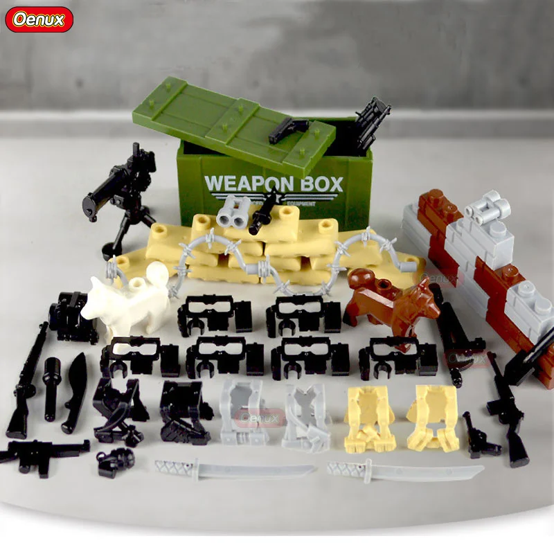 Oenux World War 2 Military Weapons Accessories Guns Boat Dog Sandbag Weapon Box Weapon Parts Model Building Block Brick Toys
Oenux World War 2 Military Weapons Accessories Guns Boat Dog Sandbag Weapon Box Weapon Parts Model Building Block Brick Toys