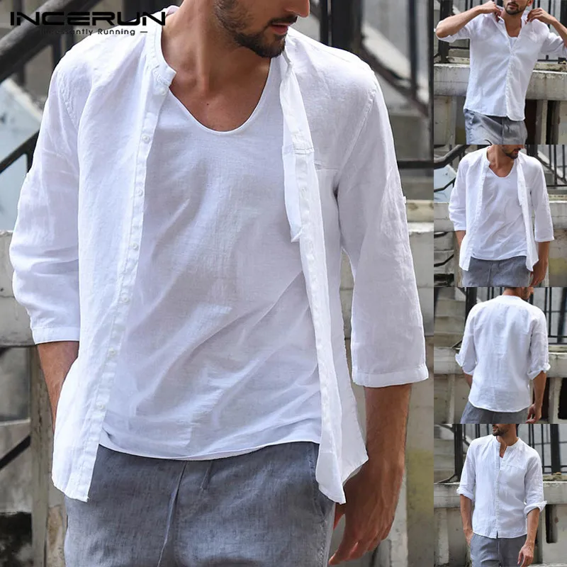 

INCERUN 2020 Stand Collar Seven-point Sleeve Simple Casual Shirt Men Solid Color Self-cultivation White Cotton Loose Camisas 5XL