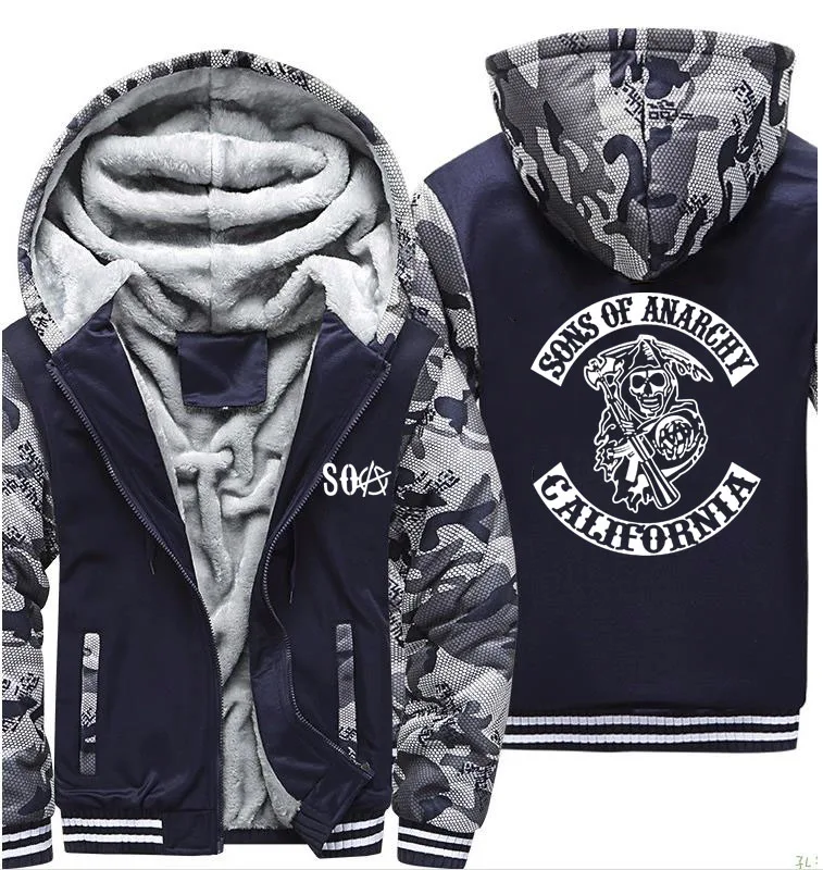 SOA Sons of Anarchy Hoodies Mens Winter fleece Thicken Warm Camouflage coat zipper Sweatshirt SAMCRO Print Mens Hoodies Jacket
SOA Sons of Anarchy Hoodies Mens Winter fleece Thicken Warm Camouflage coat zipper Sweatshirt SAMCRO Print Mens Hoodies Jacket