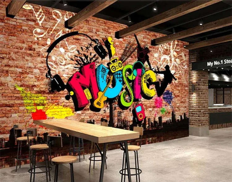 

Custom 3D murals urban music art graffiti brick wall painting wallpaper home decoration living room sofa background wall