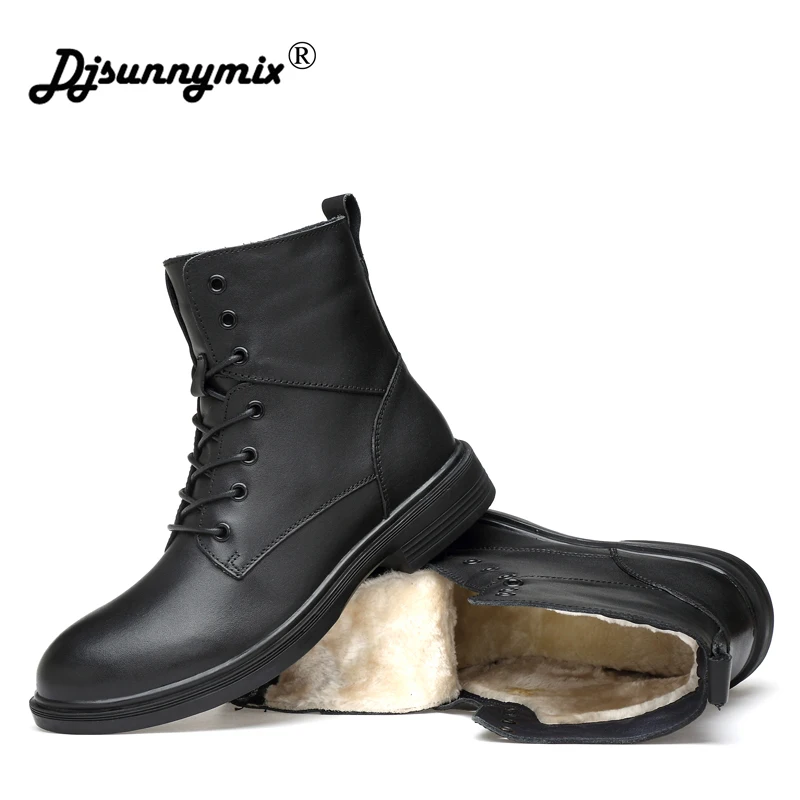 DJSUNNYMIX Brand Big Size 35-50 Winter Men Boots Black Genuine Leather Men Shoes Warm Snow Boots Winter unisex ankle boots