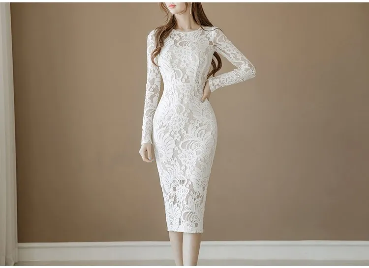 2019 Summer Women Elegant O-Neck Knee-Length Office Dress Vintage White Lace Party Dresses Long Sleeve Pencil | Женская одежда