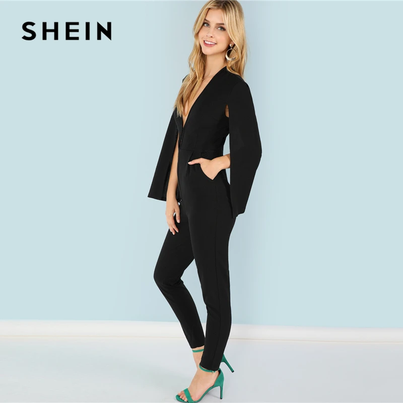 SHEIN Стильный Однотонный Комбинезон С Оригинальными Рукавами Офисный Элегантный