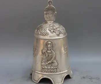 

China White copper Silver carved fine Buddhism Kwan-yin Bodhisattva statue bell