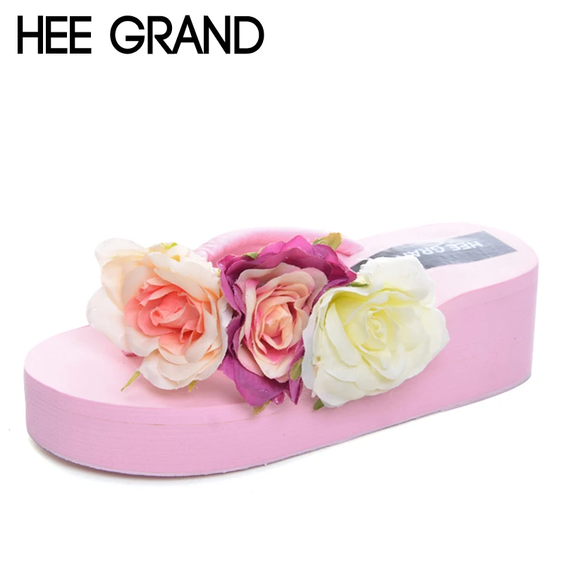 

HEE GRAND Summer Flip Flops 2017 Beach Wedges Slides Slip On Casual Creepers Platform Shoes Woman Sweet Flowers Slippers XWT590