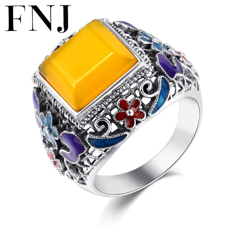 

FNJ Natural Yellow Stone S925 Thai Silver Ring Square Lapis lazuli 100% Pure 925 Sterling Silver Rings for Women Jewelry LR1