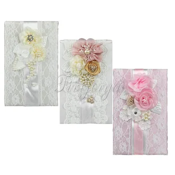

3Colors Gorgeous Wedding Signature Guest Book with Satin Bows Lace Pearls Flowers for Brdial Ceremony Party Supplies Wholesales