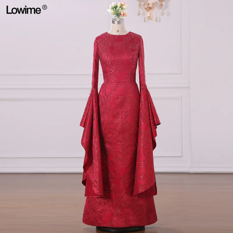 Mermaid Muslim Arabic Evening Dresses Scoop Red Custom Made Appliques Sequins Robe De Soiree Long Prom 2018 (3)