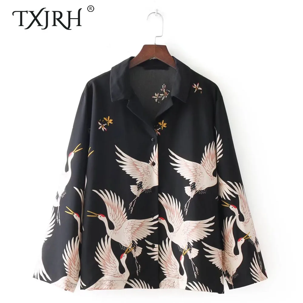 TXJRH Vintage Ethnic Crane Floral Print Shirt Long Sleeve Turn-down Collar Casual Trendy Women Kimono Blouse Tops B
TXJRH Vintage Ethnic Crane Floral Print Shirt Long Sleeve Turn-down Collar Casual Trendy Women Kimono Blouse Tops B