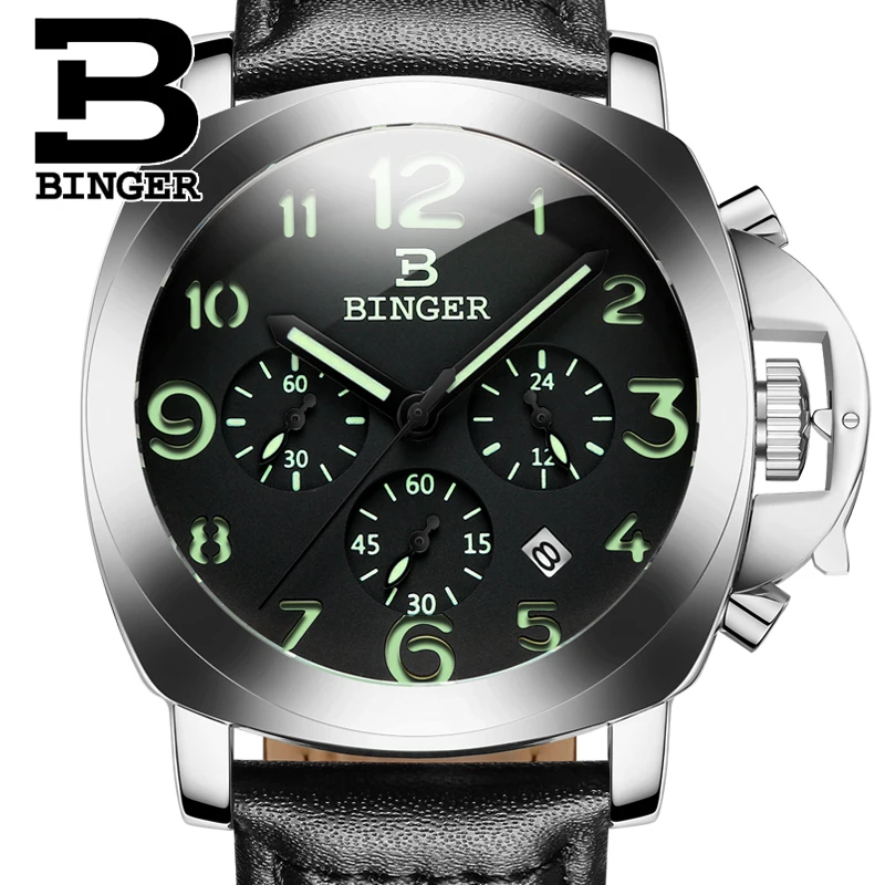 

BINGER fashion casual top brand quartz watches men leather sports watch man business wrist watch male luminous chronograph hour