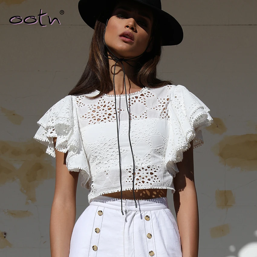 OOTN White Crop Top Ruffles Blouse Women Vintage Hollow Out Short Sleeve Women Tops Button O-Neck Blouses Summer Casual Cotton
OOTN White Crop Top Ruffles Blouse Women Vintage Hollow Out Short Sleeve Women Tops Button O-Neck Blouses Summer Casual Cotton