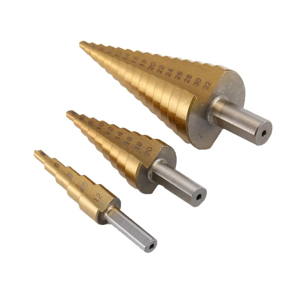 3PCS HSS Step Drill Bit set Titanium Coated Triangle Shank for Metal Wood Drill Hole Cutter Step Cone Drill Bit
3PCS HSS Step Drill Bit set Titanium Coated Triangle Shank for Metal Wood Drill Hole Cutter Step Cone Drill Bit