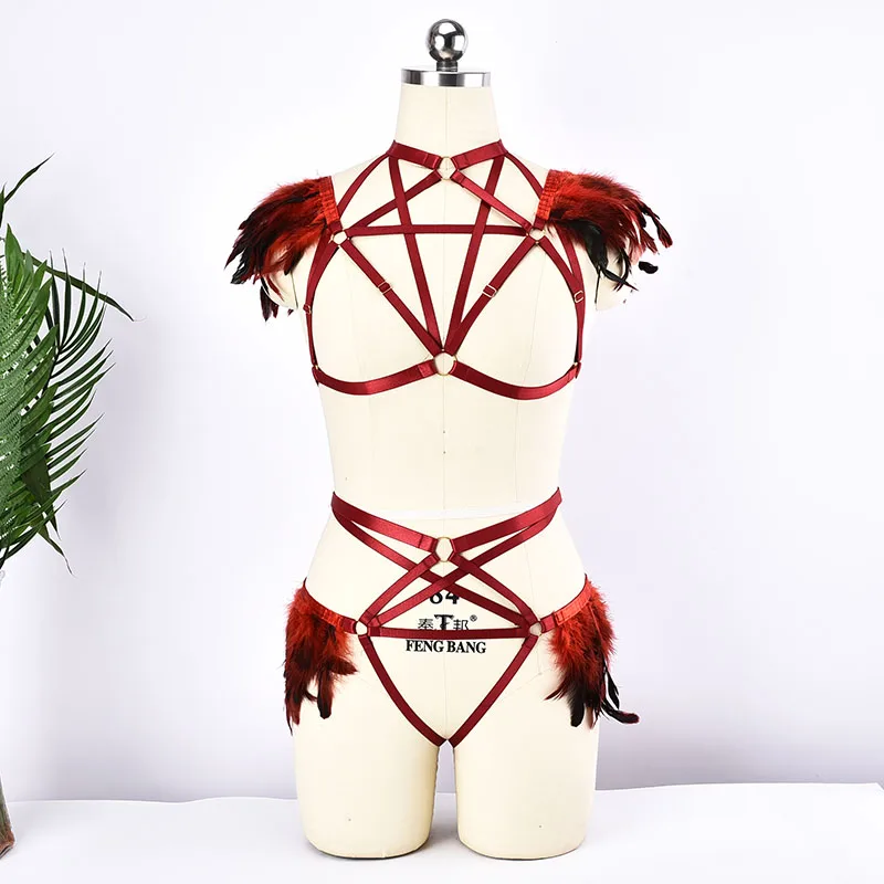 Women Handmade Red Feather Epaulette Body Harness Belt Harajuku Pentagram Bra 90s Feather Panties Briefs Gothic Body Harnes Set
Women Handmade Red Feather Epaulette Body Harness Belt Harajuku Pentagram Bra 90s Feather Panties Briefs Gothic Body Harnes Set