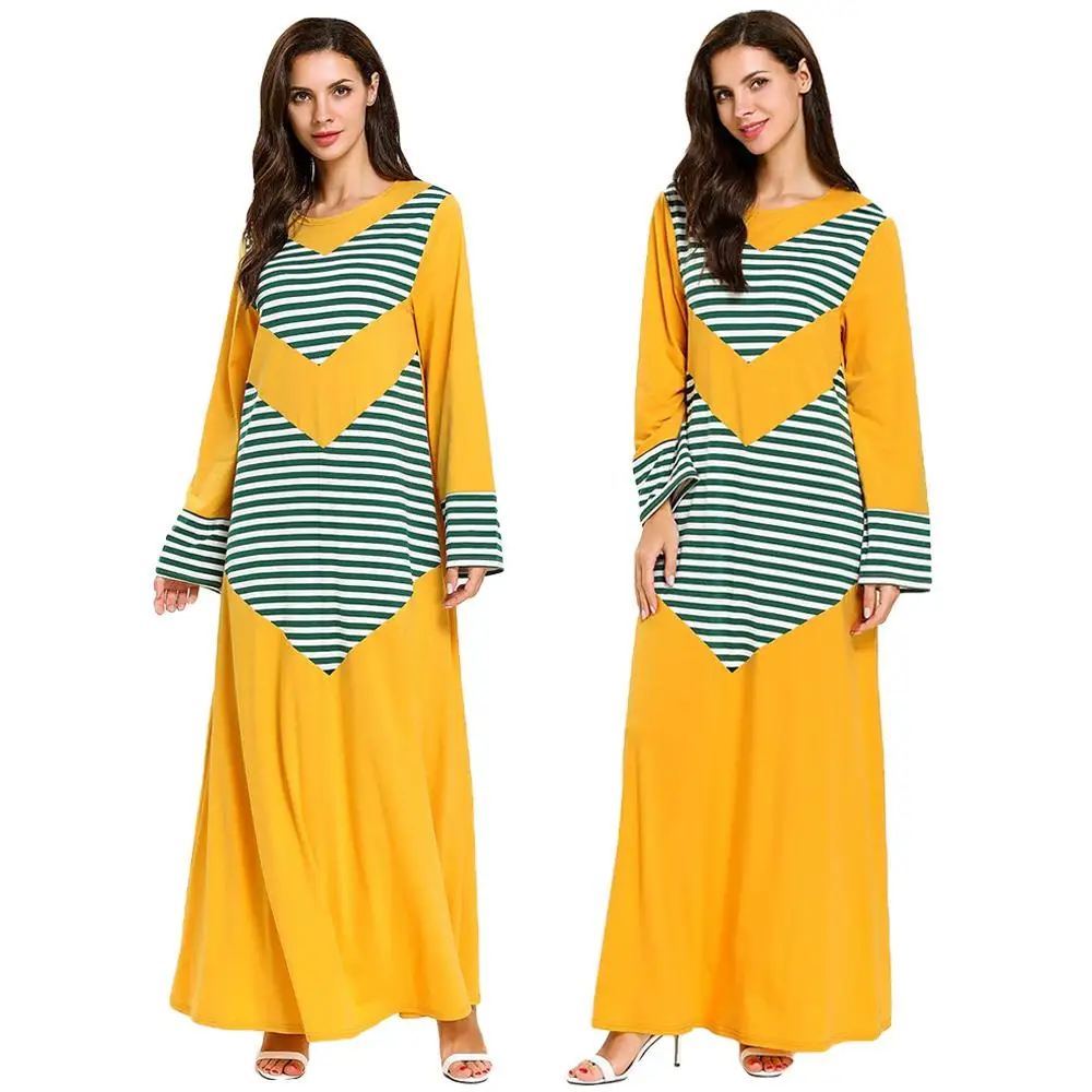 Arab Long Dress Muslim Women Maxi Party Robe Islamic Loose Abaya Kaftan Gown Stripe Patchwork Color Block Dresses New | Тематическая