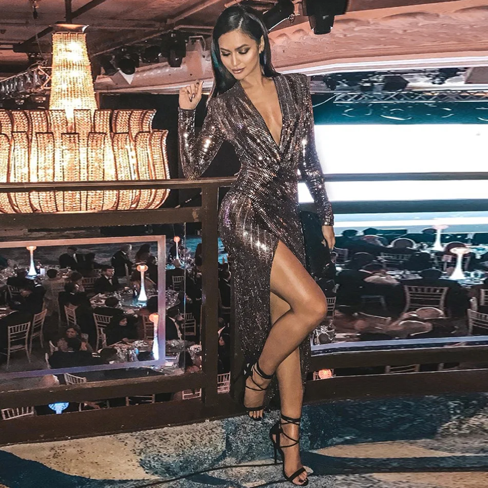 Glitter Sequin Sexy Party Long Dress Women's Clubnight Silver Gold Vestido 2019 Autumn Mid calf Deep V Neck Thigh Slit Dresses
Glitter Sequin Sexy Party Long Dress Women's Clubnight Silver Gold Vestido 2019 Autumn Mid calf Deep V Neck Thigh Slit Dresses