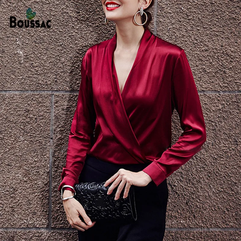 Women Silk Blouse Long Sleeved Blouses Solid Basic Button Office Lady V-neck Shirt 2019 Red Blousas Femininas
Women Silk Blouse Long Sleeved Blouses Solid Basic Button Office Lady V-neck Shirt 2019 Red Blousas Femininas