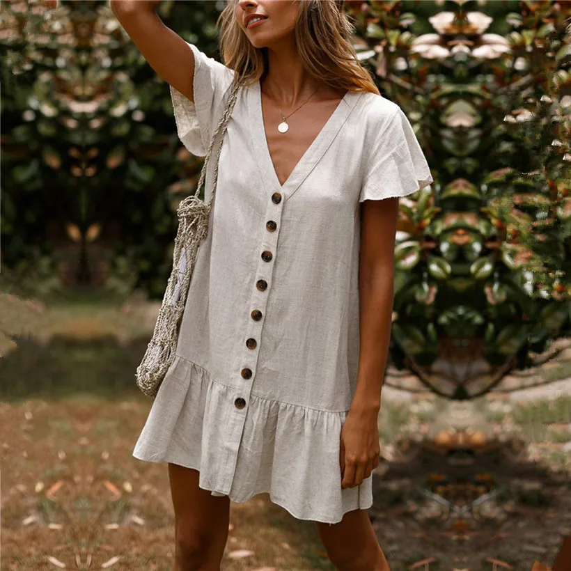 Oulylan Vintage Cotton Linen Dress Women Single-breasted Deep V-neck Short Sleeve Summer Loose Ruffles Dresses Casual Korean
Oulylan Vintage Cotton Linen Dress Women Single-breasted Deep V-neck Short Sleeve Summer Loose Ruffles Dresses Casual Korean