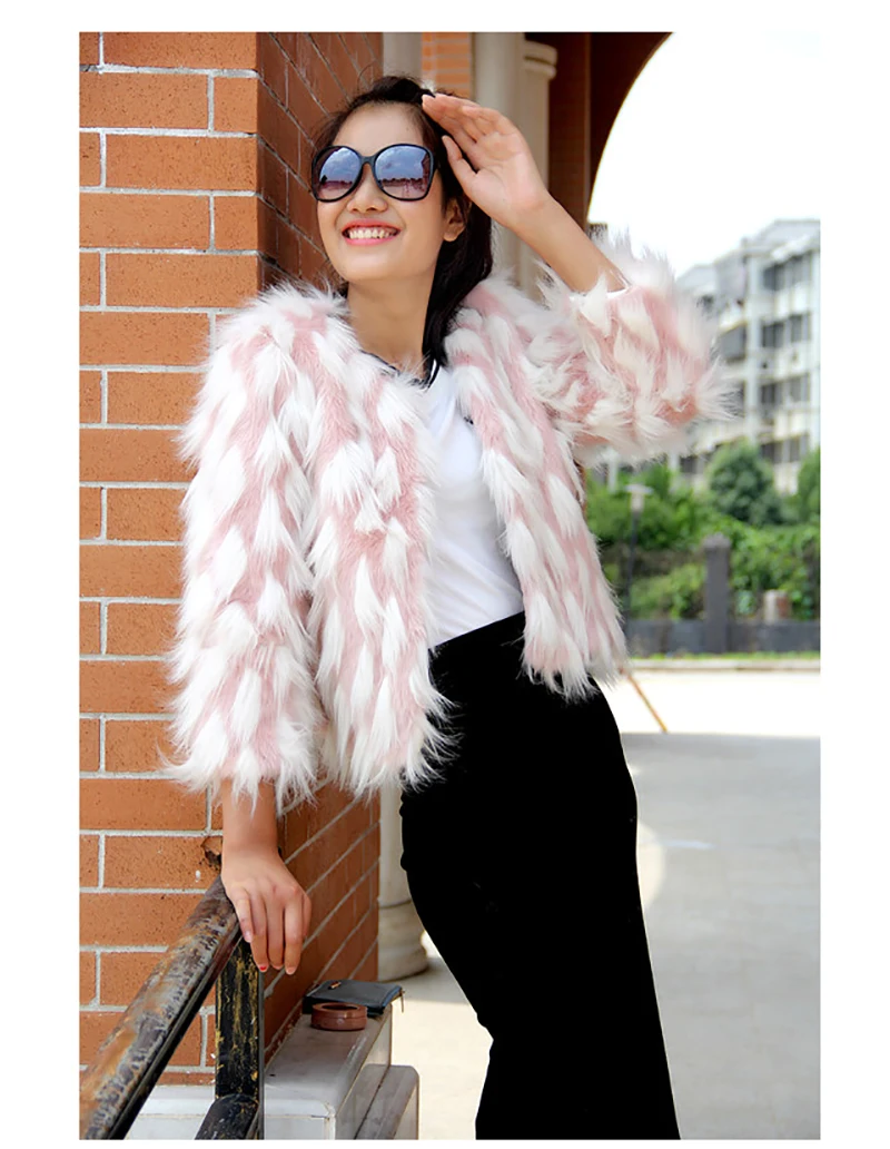 New Fashion Women Coat Korean Version Round Neck Warm Wine Pink Short Fox Hair Jackets Female Autumn Winter Outerwear Coat D8A78 (4)