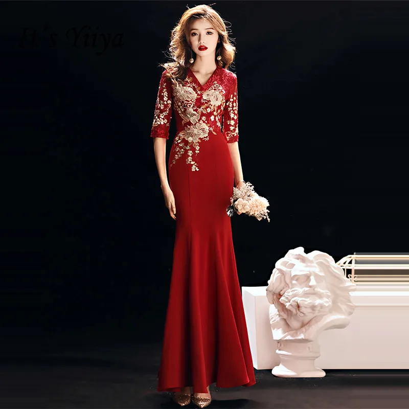 It's YiiYa Evening Dress 2019 Gold Lace Embroidery V-neck Half Sleeve Wine Red Trumpet Evening Gowns TR037 robe de soiree
It's YiiYa Evening Dress 2019 Gold Lace Embroidery V-neck Half Sleeve Wine Red Trumpet Evening Gowns TR037 robe de soiree