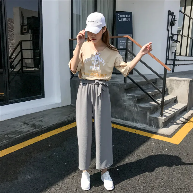 Plus Size - Casual Elastic Waist Loose Wide Leg Pants Preppy Style Trousers Female Palazzo Pants (Us 18W-20W)