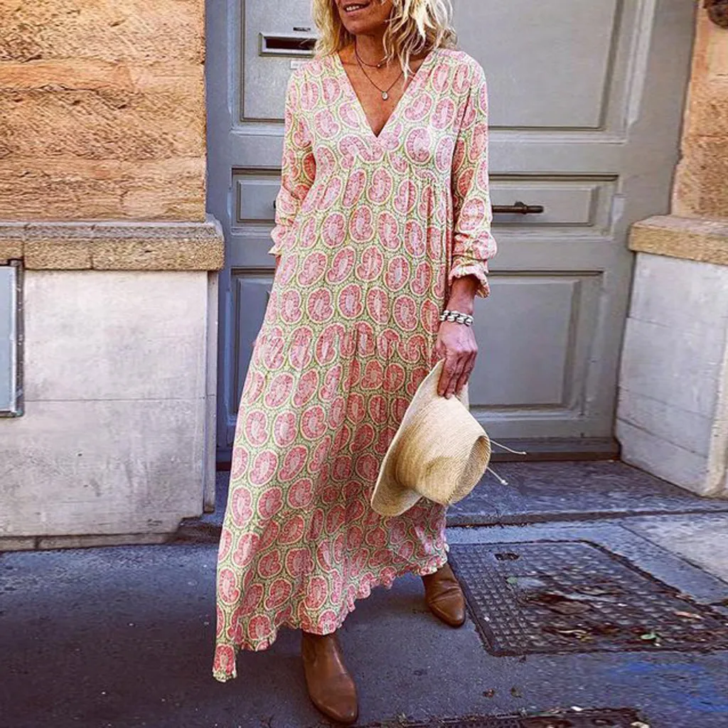 Feitong Summer Womens Bohemian Dresses Fashion Vacation V-Neck Flower Print Sundress Long Sleeves Loose Casual Maxi Sukienka
Feitong Summer Womens Bohemian Dresses Fashion Vacation V-Neck Flower Print Sundress Long Sleeves Loose Casual Maxi Sukienka
