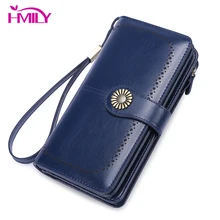 Cartera larga HMILY de cuero genuino para mujer, bolsos de mano para el día de la muñeca, monedero de marca, tarjetero de diseñador de piel de vaca, bolso práctico para mujer(China)