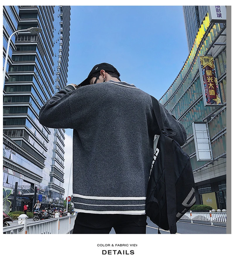 Check Button Cardigan Male Oversize Loose Streetwear (8)
