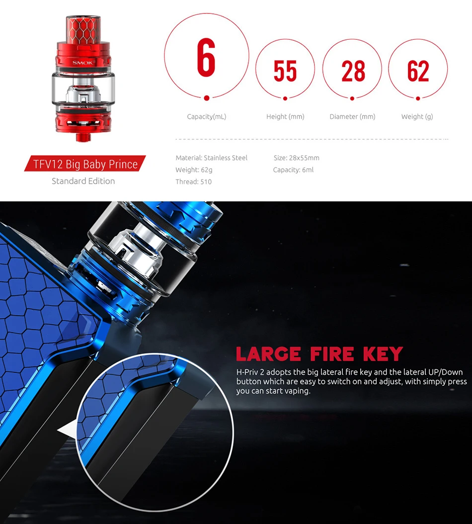 Original SMOK H-Priv 2 Kit with TFV12 Big Baby Prince Sub-Ohm Tank 6ml 225W output Mod Box Electronic Cigarette Vape Kit