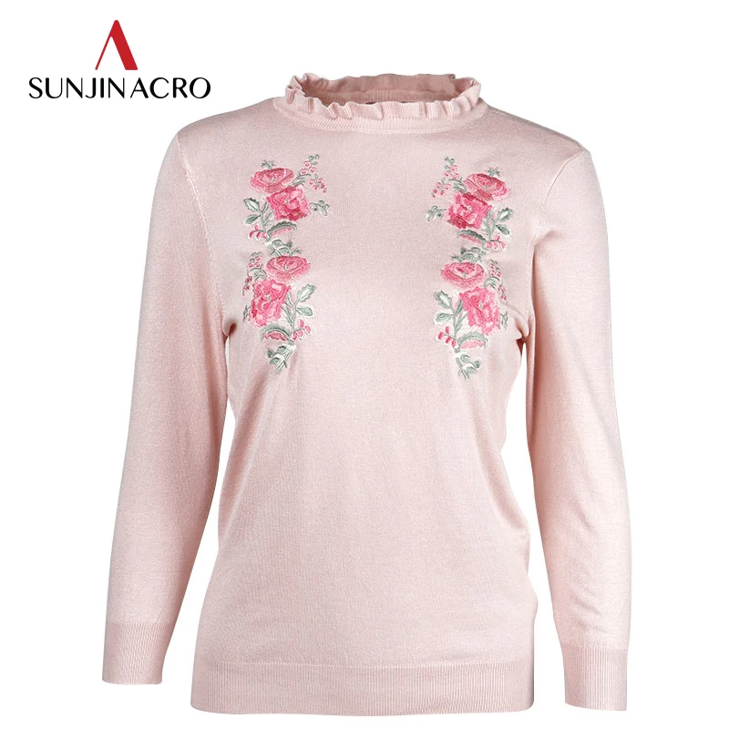 2018 SUNJINACRO Autumn Vintage Ruffled Neck Floral Embroidery Three Quarter Sleeve Pullovers Fitted Flower Embroidered Sweaters | Женская