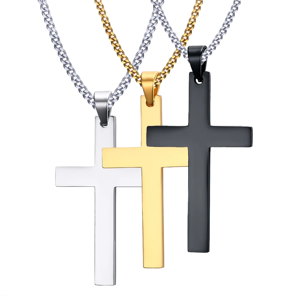 Image Necklace men s fashion cross necklaces pendant for men fine stainless steel jewelry 3 color gold plated black and silver 1pcs