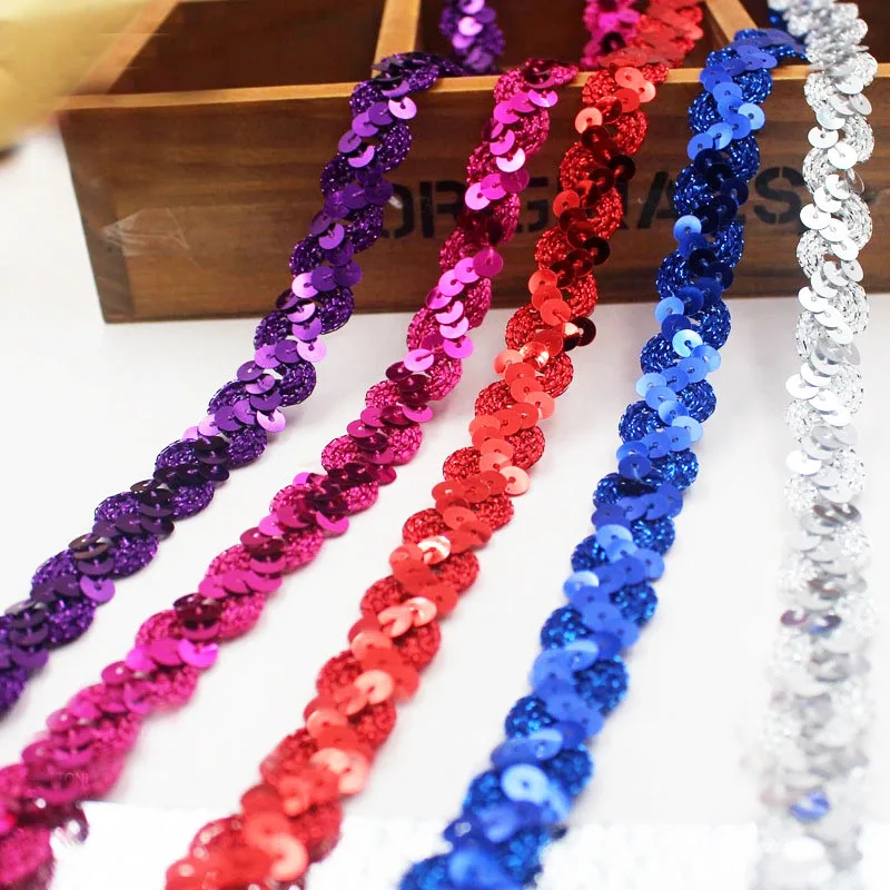 

25 Meters Gold Silver Red Purple embellished Applique Sequins belts Lace Trim Ribbon sequin fabric Sew On Dress Clothes Curtain