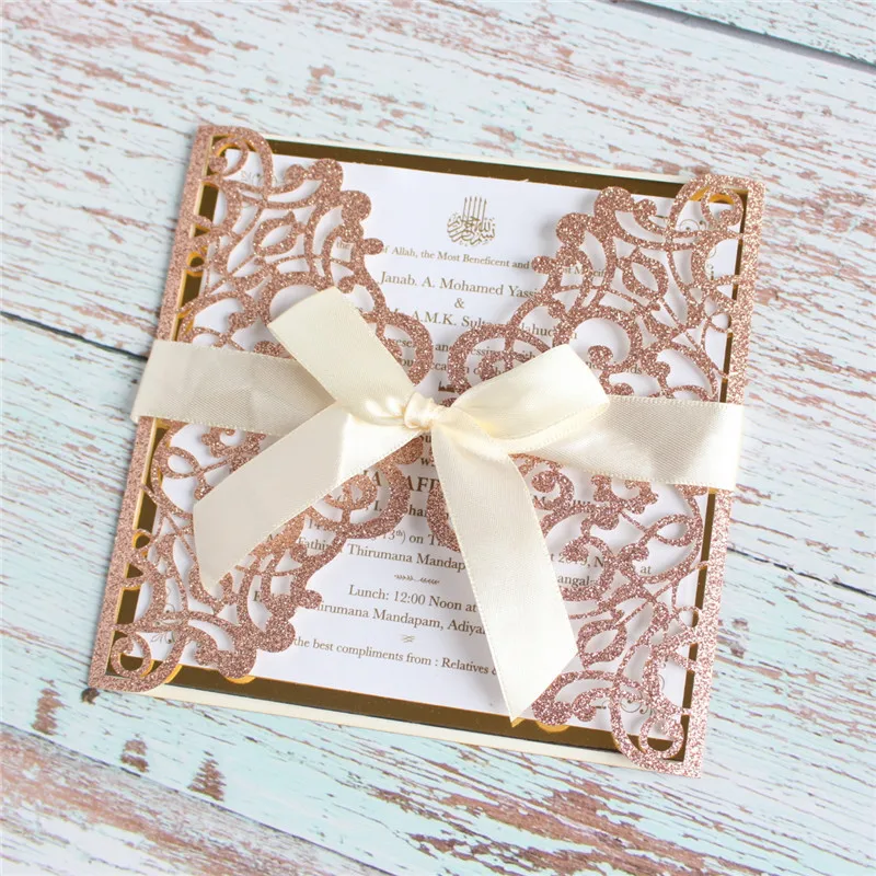 Lace invitations for wedding baptism glitter floral laser cutting golden lining insert custom printing 50pcs
Lace invitations for wedding baptism glitter floral laser cutting golden lining insert custom printing 50pcs