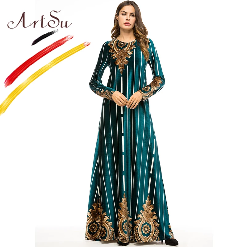 ArtSu Women Winter Maxi Velvet Dress 2018 O-Neck Long Sleeve Green Floral Print Vintage Dress Female Striped Luxury Party Dress
ArtSu Women Winter Maxi Velvet Dress 2018 O-Neck Long Sleeve Green Floral Print Vintage Dress Female Striped Luxury Party Dress