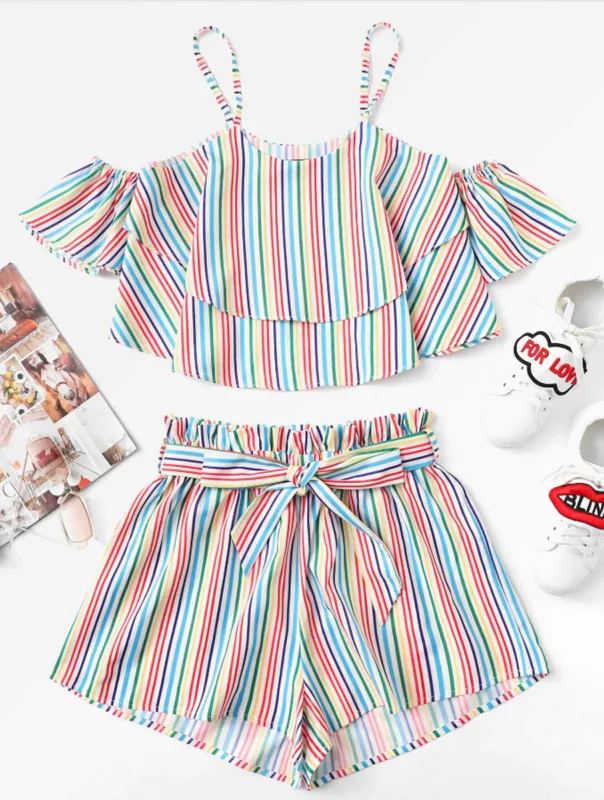 2019 New Summer Baby Girls Ruffle Short-sleeved Strapless Round Neck Sling Top Shorts Pants Colorful Striped Girl Suit
2019 New Summer Baby Girls Ruffle Short-sleeved Strapless Round Neck Sling Top Shorts Pants Colorful Striped Girl Suit